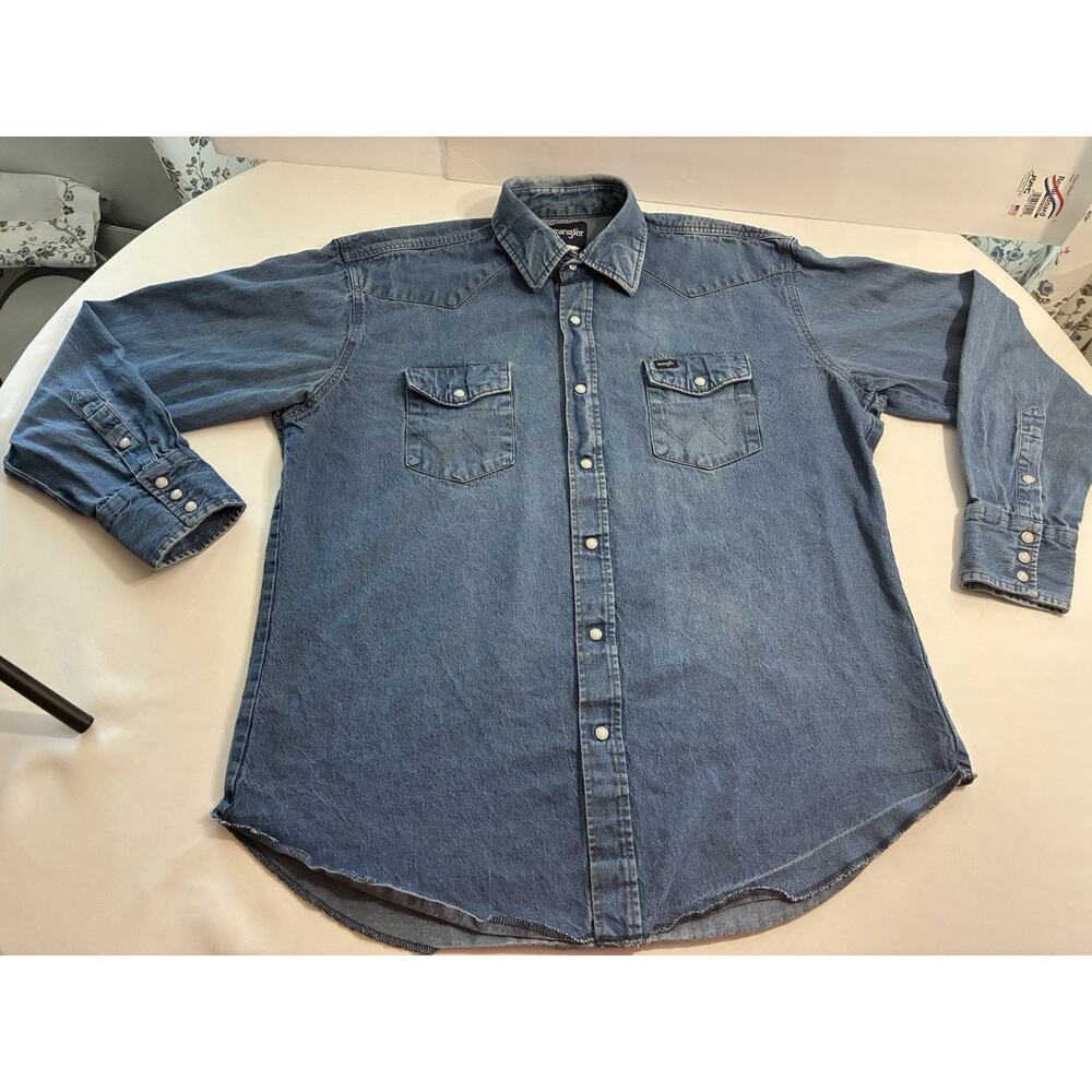 Wrangler Denim Pearl Snap Shirt Men’s 2XL Western Cowboy Rodeo Blue Vintage